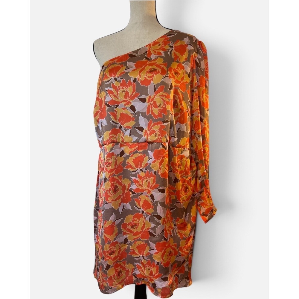 Emily Wonder Womens Floral One Shoulder Mini Dress Orange Brown 2X PD10289
